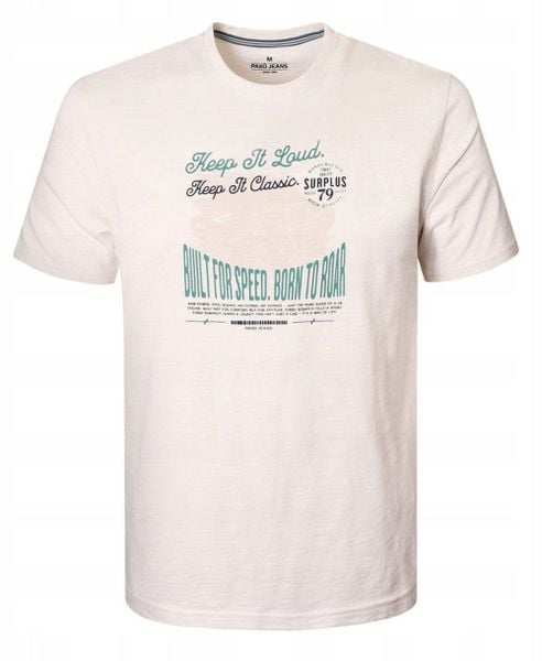 Bawełniana, Męska Koszulka (T-Shirt) - Pako Jeans - Kremowa z Nadrukiem. Białe bluzki z długim rękawem Pako Jeans, l, bez wzorów, z bawełny, bez kołnierzyka, bez ramiączek. Za 75.00 zł.
