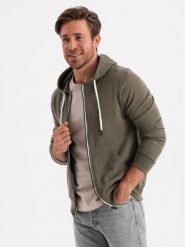Bluza męska rozpinana z kapturem BASIC - ciemnooliwkowa V11 - Rozmiar: S. Zielone bluzy z kapturem Ombre Clothing, m, bez wzorów, z bawełny, z kapturem. W wyprzedaży za 59.99 zł.
