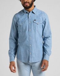 LEE REGULAR WESTERN MĘSKA KOSZULA JEANSOWA NAVY L66WNS35 112145395. Niebieskie koszule Lee, l, bez wzorów, z jeansu, bez kołnierzyka, bez ramiączek. Za 159.99 zł.