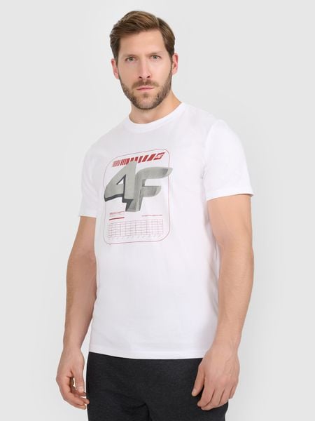 4F T-shirt regular z nadrukiem męski - biały L. Białe t-shirty 4F, l, bez wzorów, z bawełny, bez kołnierzyka, bez ramiączek. W wyprzedaży za 59.99 zł.