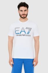 EA7 T-shirt męski biały z dużym czarnym logo. Białe t-shirty EA7 Emporio Armani, m, bez wzorów, bez kołnierzyka, bez ramiączek. W wyprzedaży za 249.99 zł.