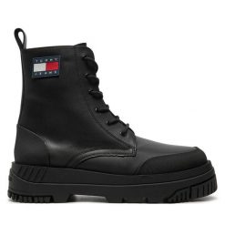 Trzewiki Tommy Jeans. Czarne botki sznurowane Tommy Jeans, bez wzorów, z jeansu, bez obcasa, bez zapięcia. Za 799.99 zł.