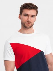 Trójkolorowy t-shirt męski bawełniany - biało-granatowy V3 OM-TSCT-0174 - XXL. Białe t-shirty Ombre Clothing, l, bez wzorów, z bawełny, bez kołnierzyka, bez ramiączek. W wyprzedaży za 29.99 zł.