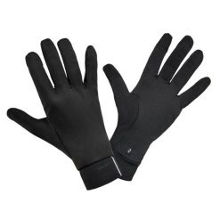 Rękawiczki do biegania Kiprun Warm+ 500 dotykowe V2. Czarne rękawiczki KIPRUN, bez wzorów, z materiału. Za 49.99 zł.