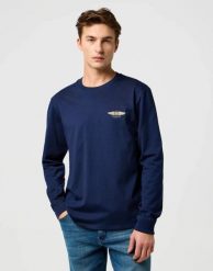 MESKA KOSZULKA WRANGLER LS AMERICANA TEE NAVY 112371469. Niebieskie bluzki z długim rękawem Wrangler, xxl, bez wzorów, bez kołnierzyka, bez ramiączek. Za 99.99 zł.