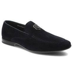 Granatowe Mokasyny John Doubare Męskie Modne Półbuty. Niebieskie eleganckie półbuty John Doubare, z aplikacjami, ze skóry, bez obcasa, bez zapięcia. Za 469.00 zł.