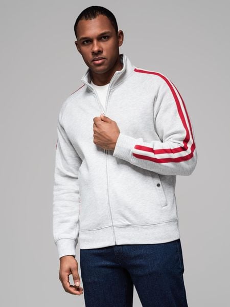 Męska bluza dresowa z wysokim kołnierzem i lampasami – szary melanż V1 - Rozmiar: XL. Szare bluzy Ombre Clothing, m, z aplikacjami, z bawełny, bez kaptura. W wyprzedaży za 139.99 zł.