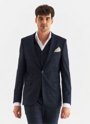 PAKO LORENTE – Granatowa marynarka garniturowa w kratę Windowpane. Garnitury Pako Lorente, m, bez wzorów, z wiskozy. Za 699.99 zł.