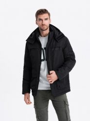 Kurtka męska ocieplana z kapturem - czarna V5 OM-JAHP-0128 - S. Czarne kurtki Ombre Clothing, m, bez wzorów, z poliesteru, z kapturem. W wyprzedaży za 169.99 zł.