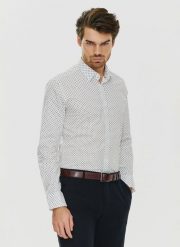 PAKO LORENTE – Biała męska koszula w niebieski mikrowzór P24SF-1X-018-B-S - Pako Lorente. Białe koszule Pako Lorente, m, bez wzorów, z elastanu, bez kołnierzyka, bez ramiączek. Za 119.99 zł.