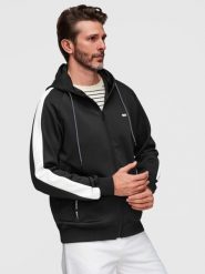 Męska rozpinana bluza z kapturem i lampasami - czarna V1 - Rozmiar: M. Czarne bluzy z kapturem Ombre Clothing, m, z aplikacjami, z dzianiny, z kapturem. Za 189.99 zł.