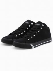 Buty męskie trampki z kontrastującymi elementami - czarne V2 OM-FOTH-0125 - 45. Czarne trampki Ombre Clothing, m, bez wzorów, za kostkę, bez zapięcia. Za 179.99 zł.