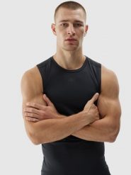 4F Tank top treningowy szybkoschnący męski - czarny S. Czarne bezrękawniki 4F, bez wzorów, z dzianiny, bez ramiączek, na fitness i siłownię. Za 79.99 zł.