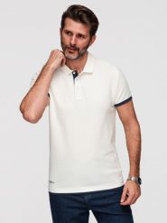 Bawełniana męska koszulka polo z kontrastowym wykończeniem – biała V1 - Rozmiar: L. Białe koszulki polo sportowe Ombre Clothing, l, bez wzorów, z bawełny, bez kołnierzyka, bez ramiączek. W wyprzedaży za 129.99 zł.