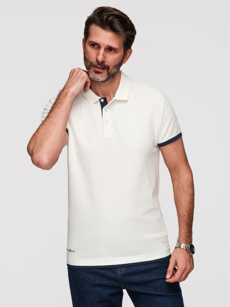 Bawełniana męska koszulka polo z kontrastowym wykończeniem – biała V1 - Rozmiar: L. Białe koszulki polo Ombre Clothing, l, bez wzorów, z bawełny, bez kołnierzyka, bez ramiączek. W wyprzedaży za 129.99 zł.