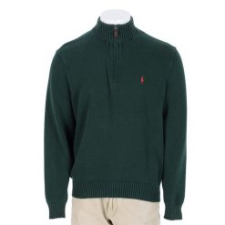 Second life - Męski sweter z kapturem na zamek ćwierćdługi - Jak nowy. Zielone golfy RALPH LAUREN, m, bez wzorów, bez ramiączek. Za 255.56 zł.