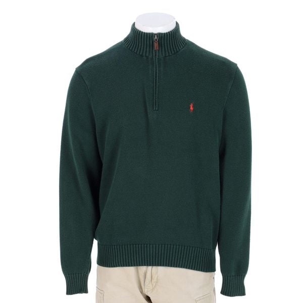Second life - Męski sweter z kapturem na zamek ćwierćdługi - Jak nowy. Zielone golfy RALPH LAUREN, m, bez wzorów, bez ramiączek. Za 255.56 zł.