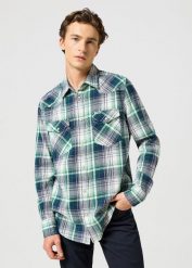 WRANGLER MĘSKA KOSZULA WESTERN SHIRT GREEN BLUE 112357242 W5B4017986. Niebieskie koszule Wrangler, m, bez wzorów, bez kołnierzyka, bez ramiączek. Za 229.99 zł.