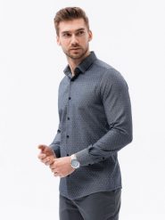 Koszula męska w drobny wzór REGULAR FIT - granatowa K601 - M. Niebieskie koszule Ombre Clothing, m, bez wzorów, z bawełny, bez kołnierzyka, bez ramiączek. W wyprzedaży za 49.99 zł.