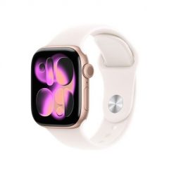 Zegarek Apple Watch Series 11 (2025) GPS 42mm Aluminiowa koperta w kolorze różowego złota ze sportowym paskiem S/M - Jasny rumieniec. Czerwone zegarki smartwatch Apple, bez wzorów. Za 2,397.99 zł.