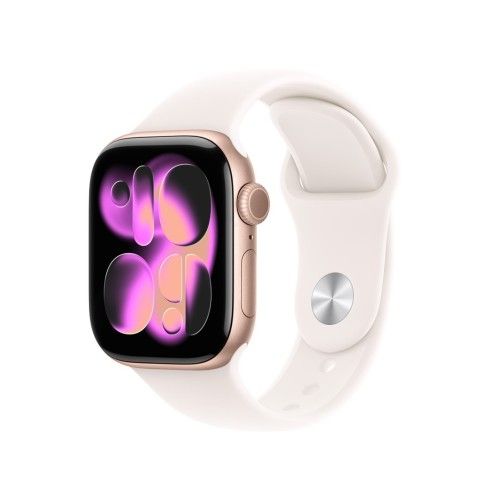 Zegarek Apple Watch Series 11 (2025) GPS 42mm Aluminiowa koperta w kolorze różowego złota ze sportowym paskiem S/M - Jasny rumieniec. Czerwone zegarki smartwatch Apple, bez wzorów. Za 2,145.99 zł.