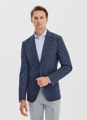 PAKO LORENTE - Granatowa marynarka w prążek z lnem. Marynarki Pako Lorente, na co dzień, m, bez wzorów, z bawełny, casualowe. Za 449.99 zł.