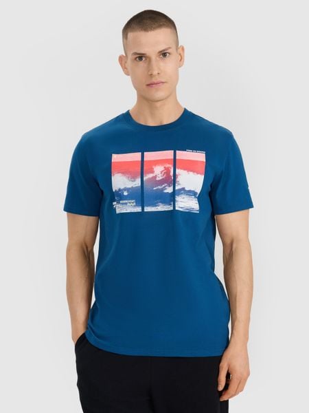 4F T-shirt regular z nadrukiem męski - turkusowy XXL. Niebieskie t-shirty 4F, m, bez wzorów, z bawełny, bez kołnierzyka, bez ramiączek. Za 69.99 zł.