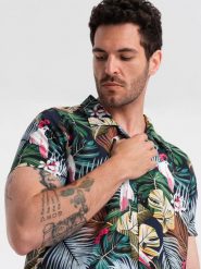 Wzorzysta męska koszula wiskozowa z krótkim rękawem – dżungla V10 OM-SHPS-0113 - S. Niebieskie koszule Ombre Clothing, l, bez wzorów, z materiału, bez kołnierzyka, bez ramiączek. W wyprzedaży za 69.99 zł.