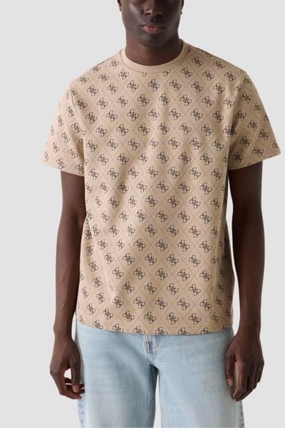 GUESS Beżowy męski t-shirt w monogram Jacquard 4G Knit, Rozmiar XXL. Brązowe t-shirty Guess, m, z aplikacjami, bez kołnierzyka, bez ramiączek. Za 379.99 zł.