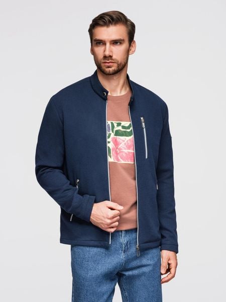 Strukturalna kurtka biker męska ze stójką – ciemnoniebieska V1 - Rozmiar: M. Niebieskie kurtki Ombre Clothing, m, bez wzorów, z dzianiny, bez kaptura. W wyprzedaży za 179.99 zł.