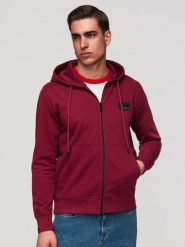 Rozpinana męska bluza dresowa z kapturem i naszywką – czerwona V3 - Rozmiar: L. Czerwone bluzy Ombre Clothing, l, z aplikacjami, z bawełny, z kapturem. Za 169.99 zł.