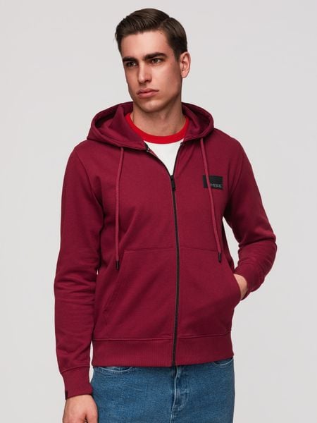 Rozpinana męska bluza dresowa z kapturem i naszywką – czerwona V3 - Rozmiar: L. Czerwone bluzy Ombre Clothing, l, z aplikacjami, z bawełny, z kapturem. Za 169.99 zł.