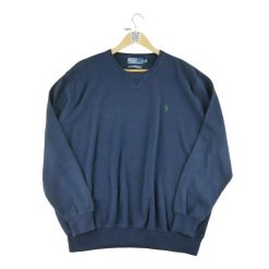 Second life - Męski sweter w kolorze granatowym z okrągłym dekoltem - Jak nowy. Niebieskie golfy RALPH LAUREN, m, bez wzorów, bez ramiączek. Za 211.46 zł.