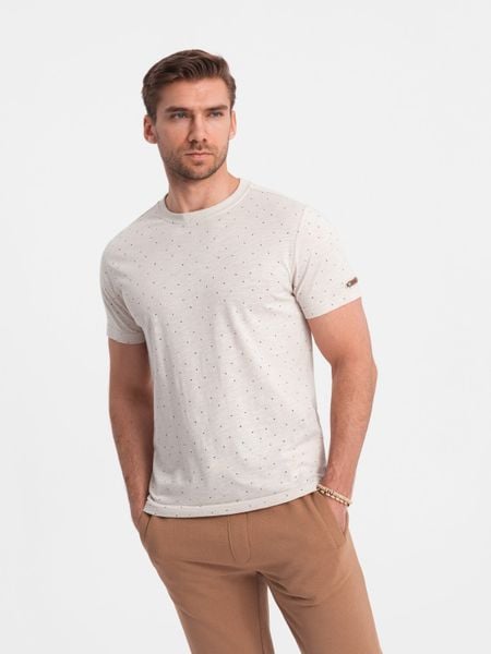 T-shirt męski fullprint z kolorowymi literami - jasnobeżowy V1 - Rozmiar: M. Brązowe t-shirty Ombre Clothing, l, bez wzorów, z bawełny, bez kołnierzyka, bez ramiączek. W wyprzedaży za 24.99 zł.