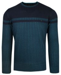 Sweter Granatowo-Turkusowy w Okrągły Dekolt, Wzór Geometryczny, U-neck, Męski -TRIKKO. Niebieskie swetry rozpinane Trikko, l, bez wzorów, z bawełny, bez kołnierzyka, bez ramiączek. Za 169.00 zł.