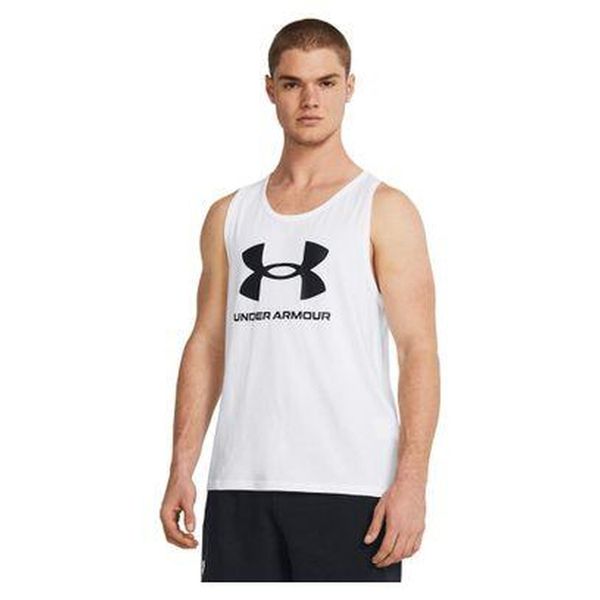 Koszulka męska tank top UNDER ARMOUR 1382883 bez rękawów. Białe bezrękawniki Under Armour, l, bez wzorów, bez kołnierzyka, bez ramiączek. Za 121.35 zł.