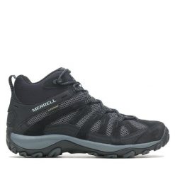 Trekkingi Merrell. Czarne botki sznurowane Merrell, bez wzorów, bez obcasa, bez zapięcia. Za 429.99 zł.