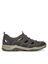 Rieker Półbuty 08065-46 Szary. Szare eleganckie półbuty Rieker, bez wzorów, z materiału, bez obcasa, bez zapięcia. Za 239.99 zł.