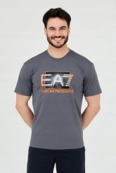 EA7 Szary t-shirt z holograficznym logo. Szare t-shirty EA7 Emporio Armani, m, bez wzorów, bez kołnierzyka, bez ramiączek. W wyprzedaży za 299.99 zł.