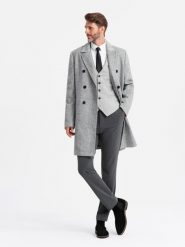 Elegancki dwurzędowy męski płaszcz w jodełkę – szary V1 OM-COWC-0118 - XXL. Szare płaszcze Ombre Clothing, l, z aplikacjami, z dzianiny, eleganckie, bez kaptura. Za 359.99 zł.