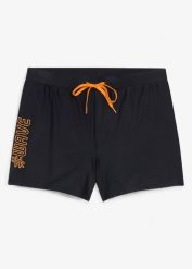 Szerokie szorty kąpielowe z elastycznego materiału. Czarne kąpielówki bonprix, m, bez wzorów, sportowe. Za 84.99 zł.