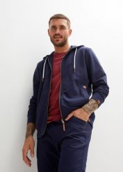 Bluza rozpinana z kapturem z detalami z imitacji skóry. Niebieskie bluzy z kapturem bonprix, l, bez wzorów, ze skóry, z kapturem. Za 132.99 zł.