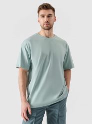 4F T-shirt oversize z nadrukiem męski - turkusowe L. Niebieskie t-shirty 4F, l, bez wzorów, z bawełny, bez kołnierzyka, bez ramiączek. W wyprzedaży za 39.99 zł.