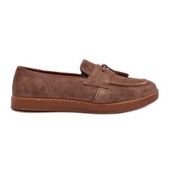 Męskie Zamszowe Loafersy Półbuty Zazoo 1566 Brązowe. Brązowe eleganckie półbuty bez wzorów, ze skóry, bez obcasa, bez zapięcia. Za 461.16 zł.