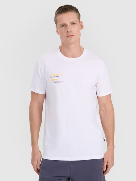 4F T-shirt regular z nadrukiem męski - biały L. Białe t-shirty 4F, l, bez wzorów, z bawełny, bez kołnierzyka, bez ramiączek. W wyprzedaży za 49.99 zł.