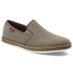 Beżowe Espadryle Rieker Eleganckie Wsuwane Obuwie Męskie. Brązowe espadryle Rieker, bez wzorów, z gumy, bez obcasa, bez zapięcia. Za 319.00 zł.
