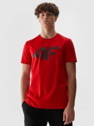 4F T-shirt regular z nadrukiem męski - czerwony L. Czerwone t-shirty 4F, l, bez wzorów, z bawełny, bez kołnierzyka, bez ramiączek. W wyprzedaży za 29.99 zł.