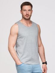 Bawełniana męska koszulka tank top BASIC – szary melanż V2 - Rozmiar: XXL. Szare bezrękawniki Ombre Clothing, m, z aplikacjami, z bawełny, bez kołnierzyka, bez ramiączek. W wyprzedaży za 89.99 zł.