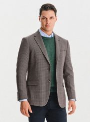 PAKO LORENTE – Wełniana marynarka w drobną kratę. Brązowe garnitury Pako Lorente, na co dzień, m, bez wzorów, z poliesteru. Za 699.99 zł.