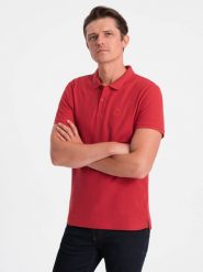 Koszulka męska polo z dzianiny pique - ciemnoczerwony V14 - Rozmiar: XXL. Czerwone koszulki polo sportowe Ombre Clothing, m, bez wzorów, z bawełny, bez kołnierzyka, bez ramiączek. W wyprzedaży za 19.99 zł.